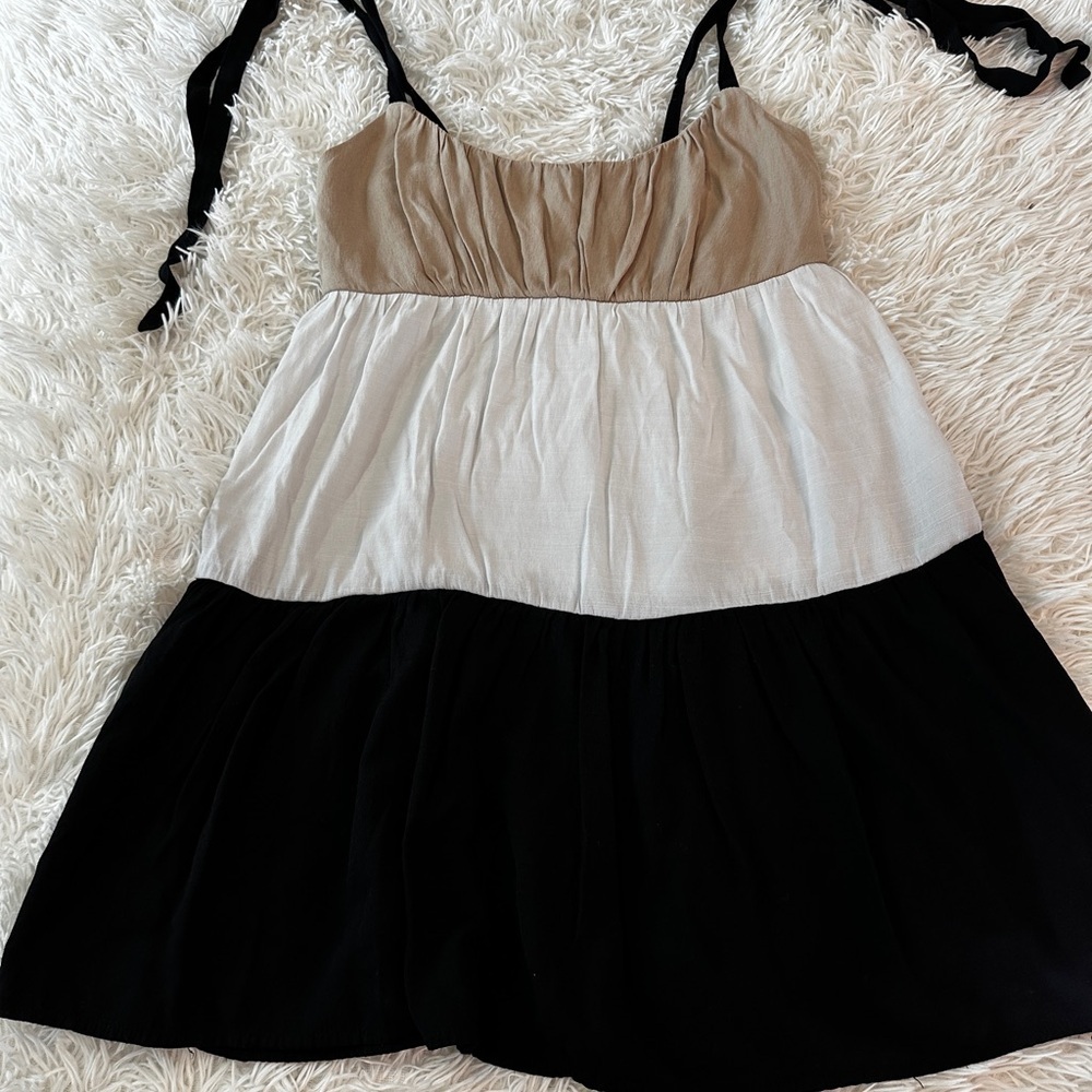 Mi Ami Colorblock Tiered Mini Dress Tie Straps Neutral Boho Medium - Picture 15 of 16